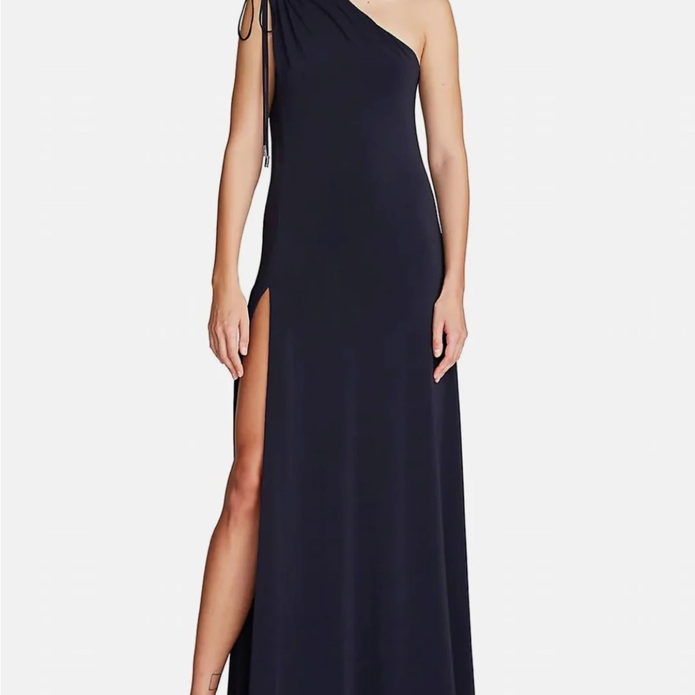 Halston Heritage One Shoulder Navy Jersey Gown